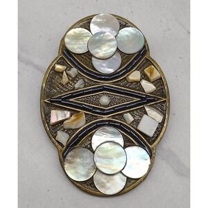Abalone Shell Stone Bead Inlay Belt Buckle Brass Tone Boho Hipster Nature